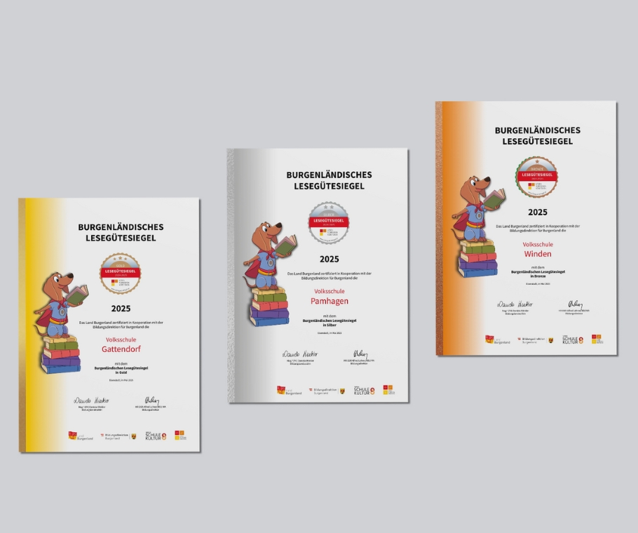 Die Zertifikate des Burgenländischen Lesegütesiegels 2025 in Gold, Silber und Bronze